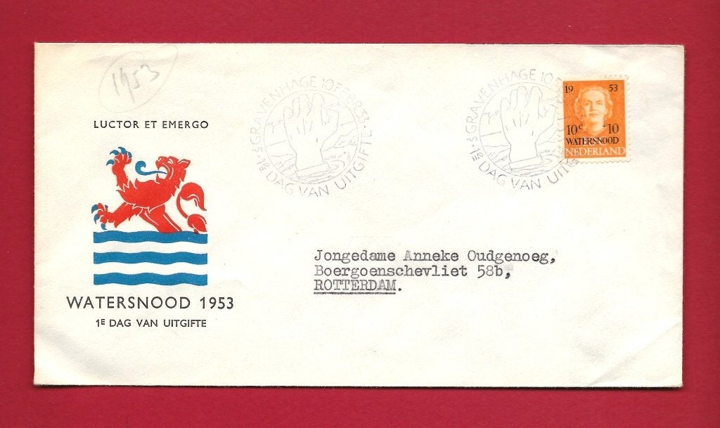 1953 Watersnood FDC E12 met open e2, Verzenden, Beschreven, Nederland
