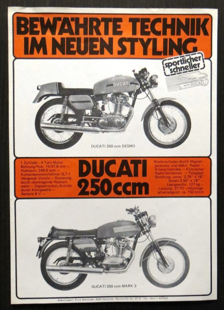 Flyer Ducati 250 Desmo + Mark 3 - 1971 - 1 blz (Duits), Motoren, Handleidingen en Instructieboekjes, Verzenden, Ducati