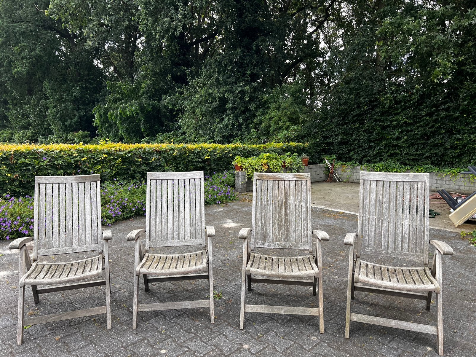4 teakhouten tuinstoelen, Tuin en Terras, Tuinstoelen, Ophalen, Gebruikt, Teakhout, Verstelbaar