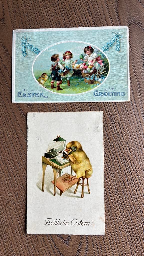 Paasgroeten. Kuiken aan telefoon.Kinderen, mand eieren, Ophalen of Verzenden, Kinderen