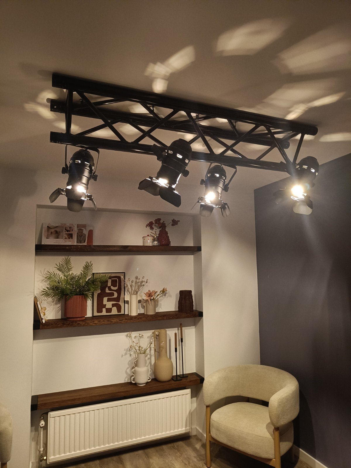 Truss met 4 spots industriele hang staande lamp Zwart metaal, Ophalen, Verstelbaar, Zwart, Plafondspot