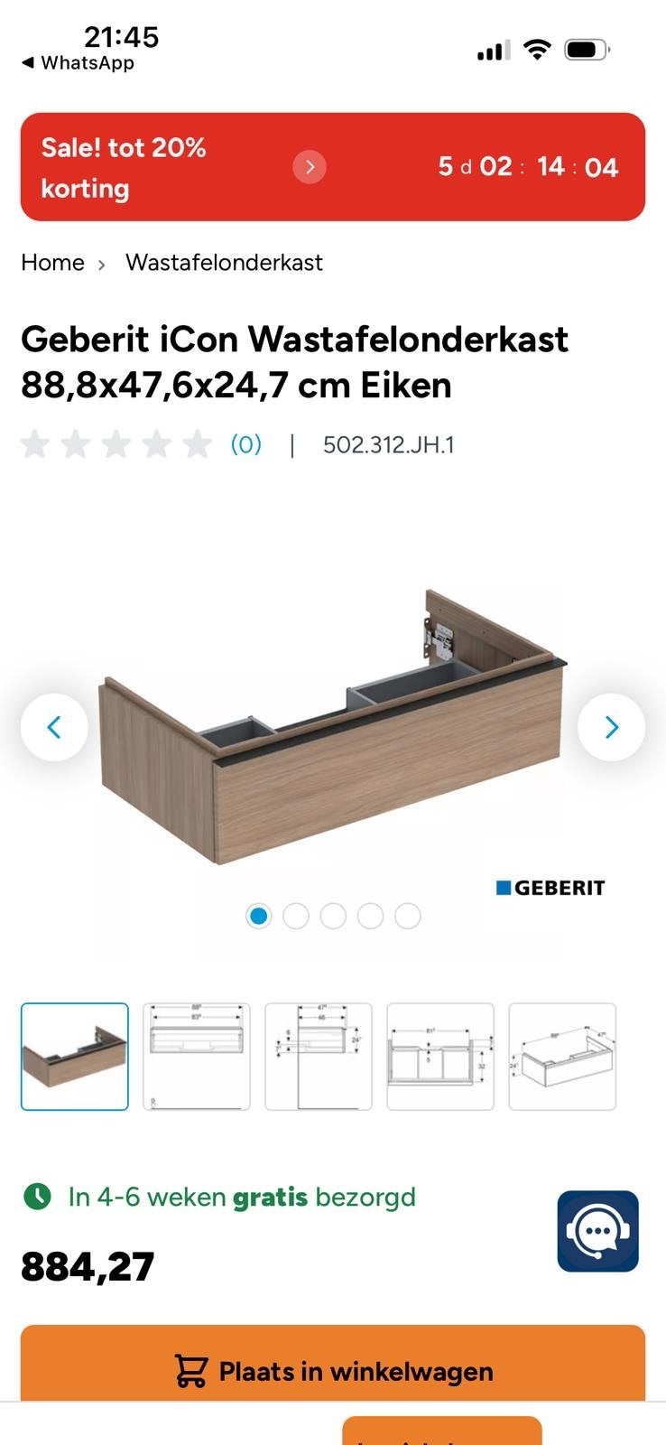 Geberit iCon Wastafelonderkast 88,8x47,6x24,7 cm Eiken, Nieuw, Minder dan 25 cm, Minder dan 100 cm, Wastafelkast