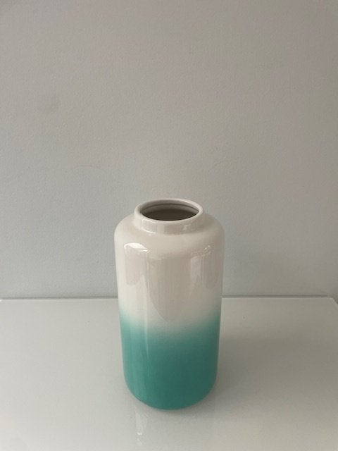 Keramieken vaas wit turquoise met kleurverloop, 23 cm, Meerkleurig, Ophalen of Verzenden, Zo goed als nieuw