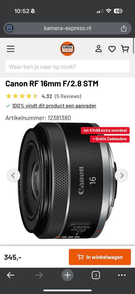 Canon RF 16mm F/2.8 STM NIEUW, Ophalen of Verzenden, Nieuw, Canon, Geen optische zoom