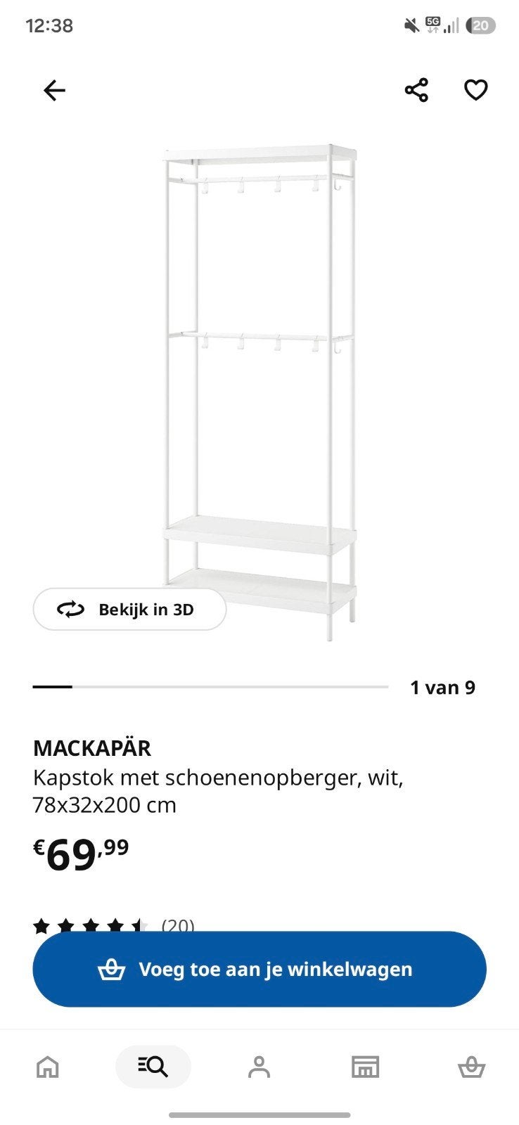MACKAPÄR Kapstok met schoenenopberger, wit, 78x32x200 cm, Ophalen, 200 cm of meer, Zo goed als nieuw, Metaal
