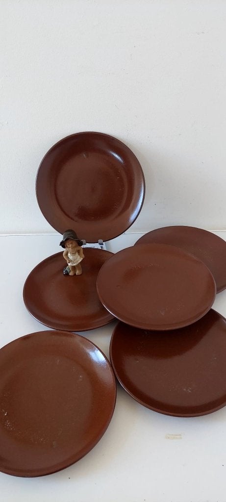 6x Vintage Városlőd Hongarije diner borden  Bruin   Majolica, Eu, Gebruikt, Eu, Keramiek
