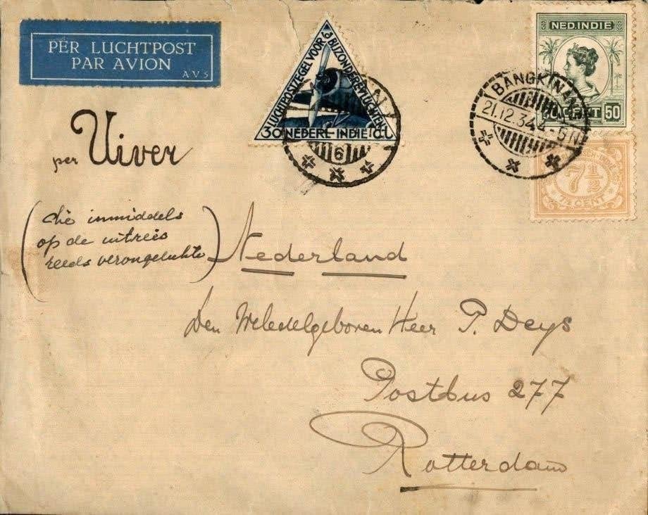 Nederlands Indië - Uiver - Bangkinang - Rotterdam - 1934, Verzenden, Envelop