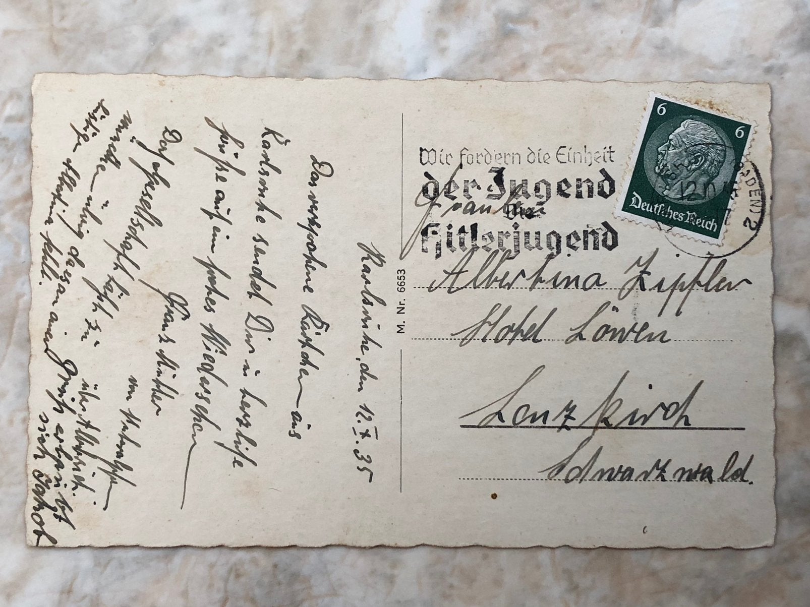 Postkaart, gestempeld Karlruhe 12.10.35., Ophalen of Verzenden, Briefkaart