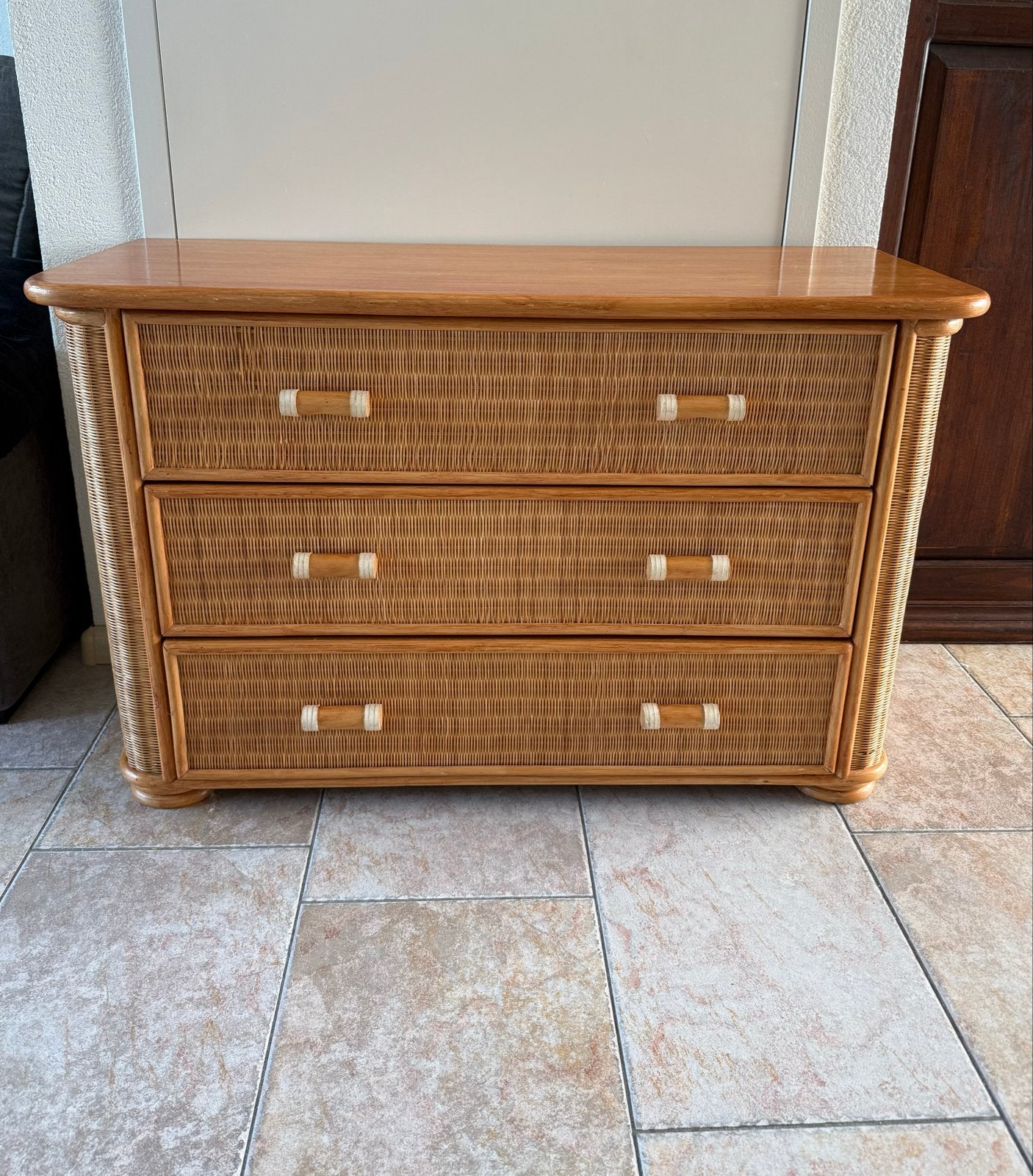 Vintage rotan en bamboe ladekast met 3 lades, Huis en Inrichting, Gebruikt, 3 of 4 laden, Minder dan 100 cm, 25 tot 50 cm