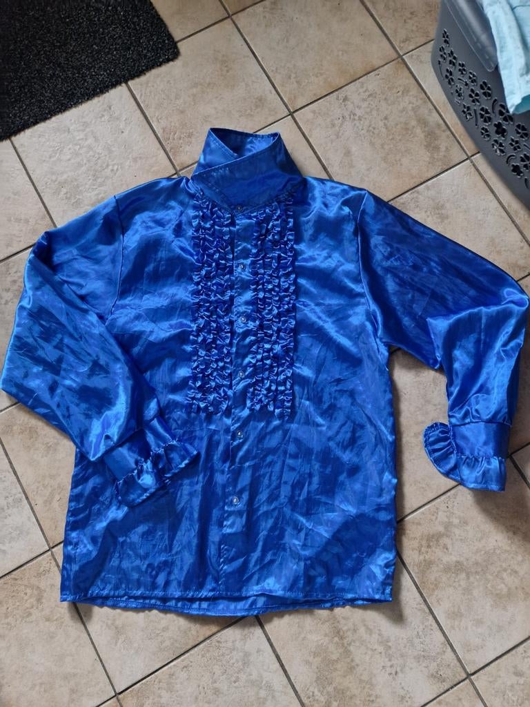 Blauw Satijnen 'Adriaan' Carnavalsblouse met Ruches - Maat L, Ophalen of Verzenden, Zo goed als nieuw