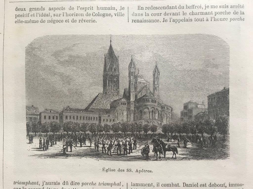 Drie oude gravures 1842, o.a. Église des apotres á Cologne., Antiek en Kunst, Ophalen of Verzenden, Stadsgezicht, Gravure