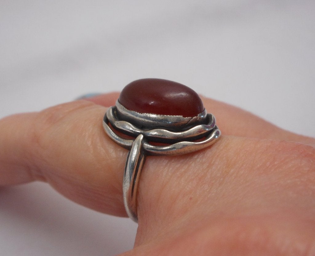 Zilveren antieke ring met carneool maat 17,5 nr.1710, Sieraden, Tassen en Uiterlijk, Antieke sieraden, Verzenden, Zilver, Ring