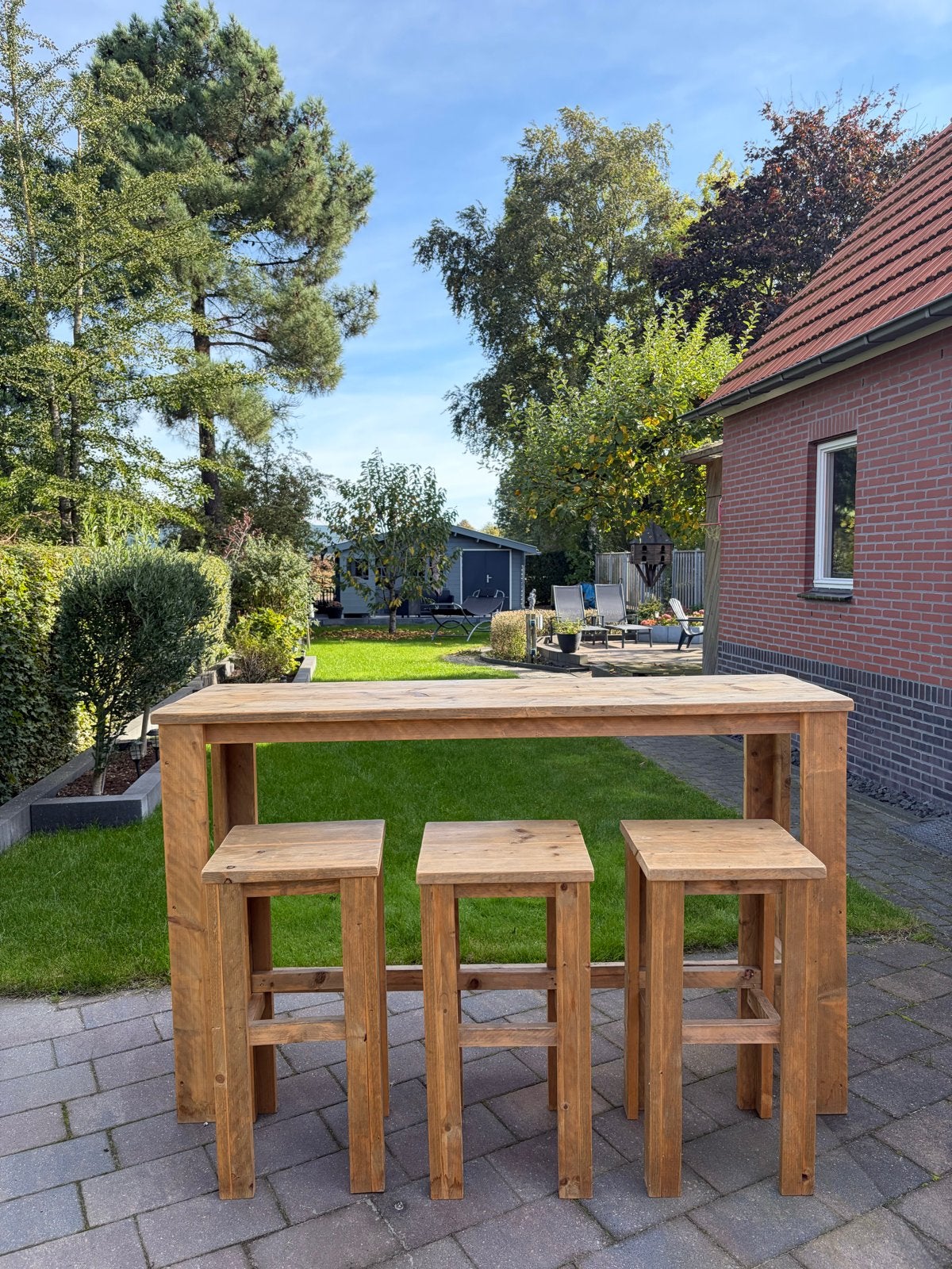 Steigerhouten bartafel met 3 barkrukken, Huis en Inrichting, Ophalen, Gebruikt