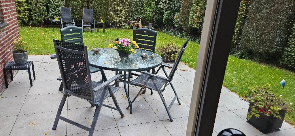 Glazen tuintafel met aluminium onderstel, Ophalen, Gebruikt, Rond, Overige materialen