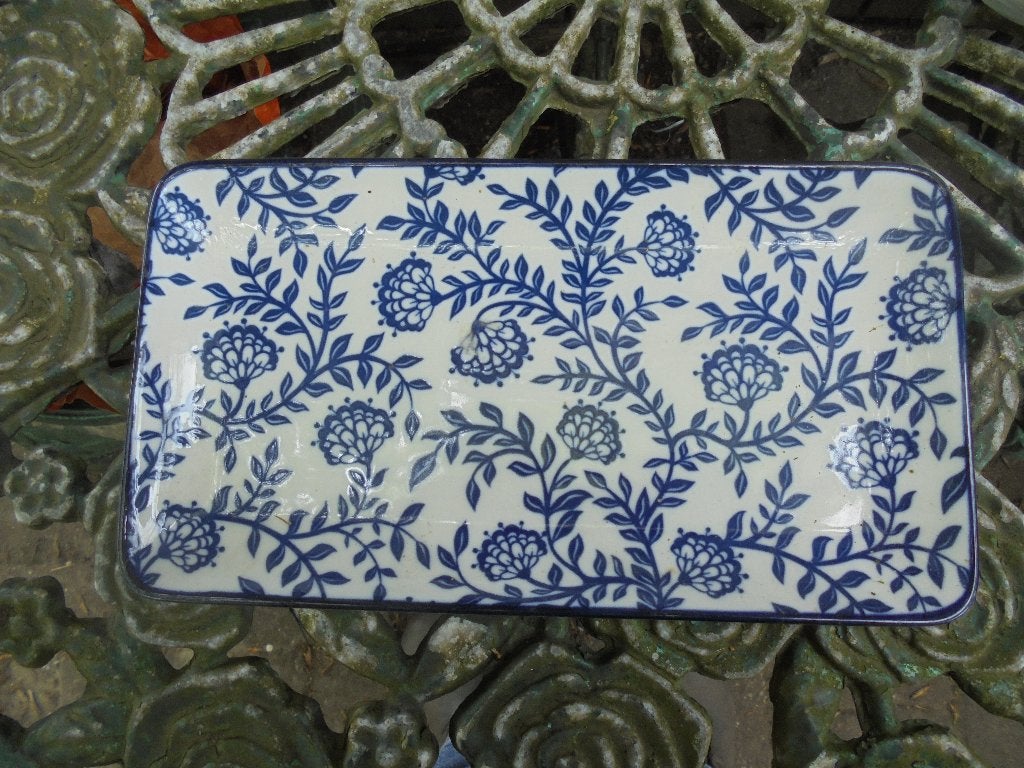Cakeschaaltje GUSTA blauw / wit bloemdecor porselein, Ophalen of Verzenden