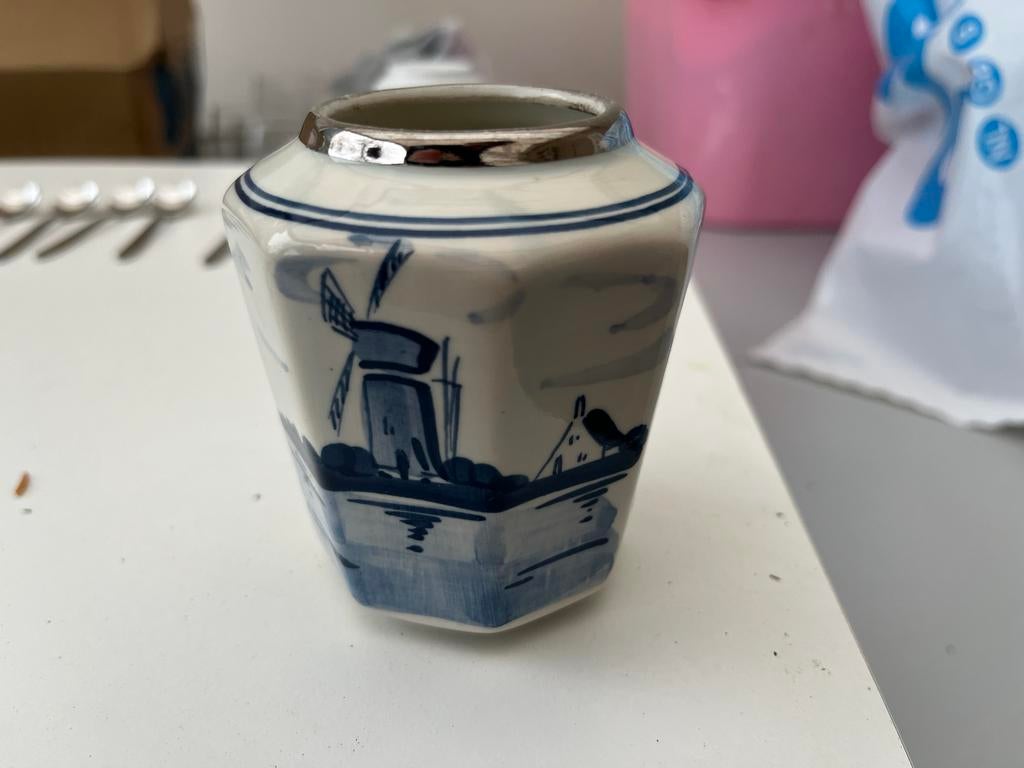 Antiek Delfts blauw potje met kleine lepeltjes, Ophalen of Verzenden
