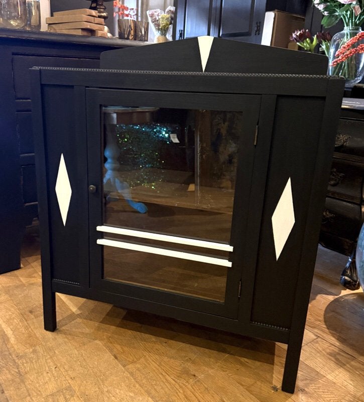 Antiek theekastje, vintage kastje, klein vitrinekastje VdlM, Ophalen, Brocante oud drankenkastje zwart Art Deco Amsterdamse School