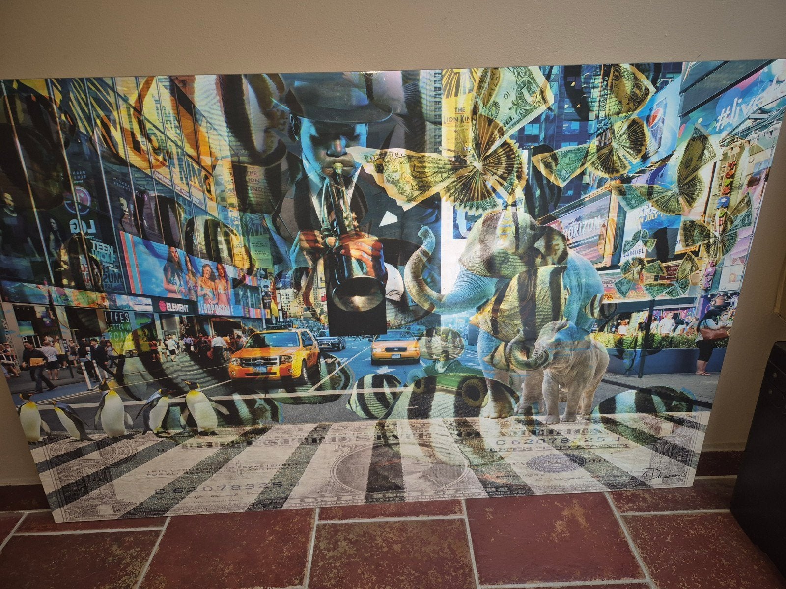 Modern schilderij: New York, jazz, dieren en geld, Ophalen, Met textuur, Gemengde techniek, Overige materialen