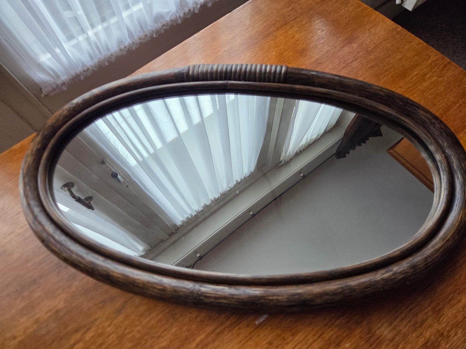 Vintage retro rotan ovale spiegel, Ophalen, Ovaal, Minder dan 50 cm, Minder dan 100 cm