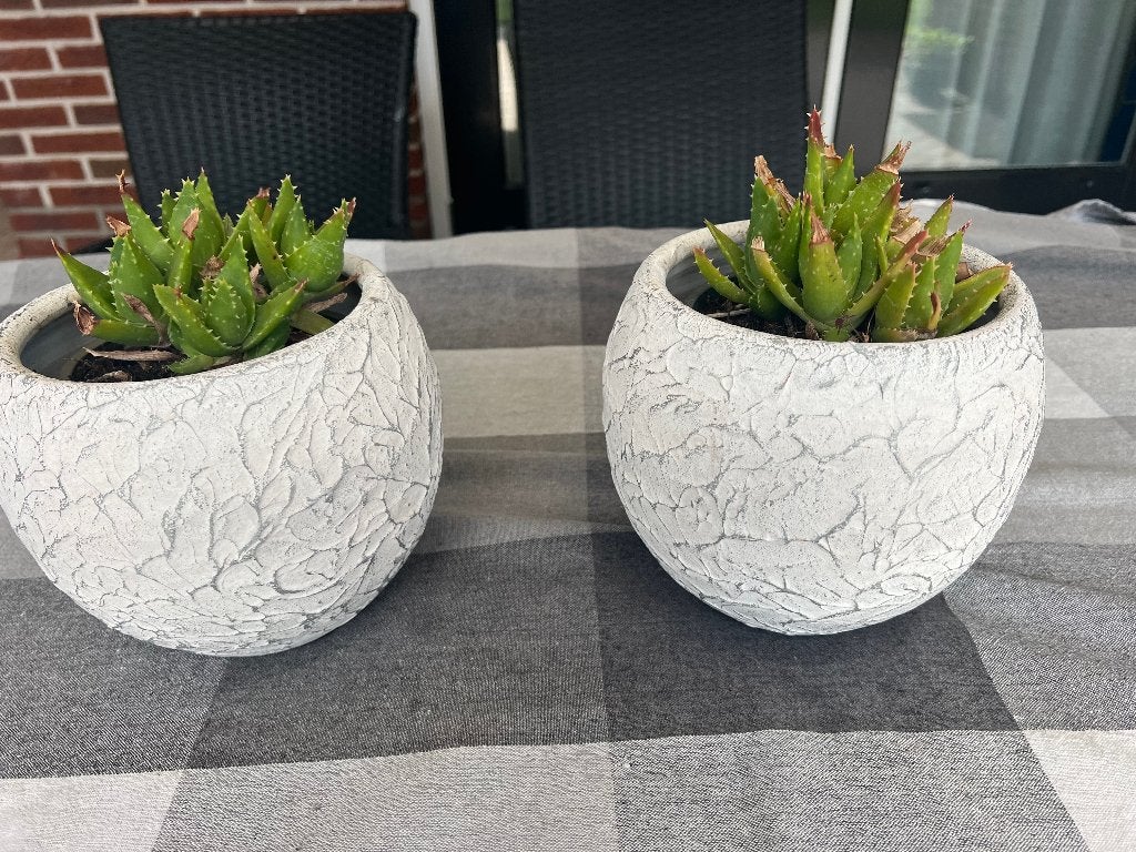 2 x bloempot rond  17 cm H  wit  iets vleugje grijs in krul, Tuin en Terras, Rond, Binnen, Ophalen of Verzenden, Zo goed als nieuw