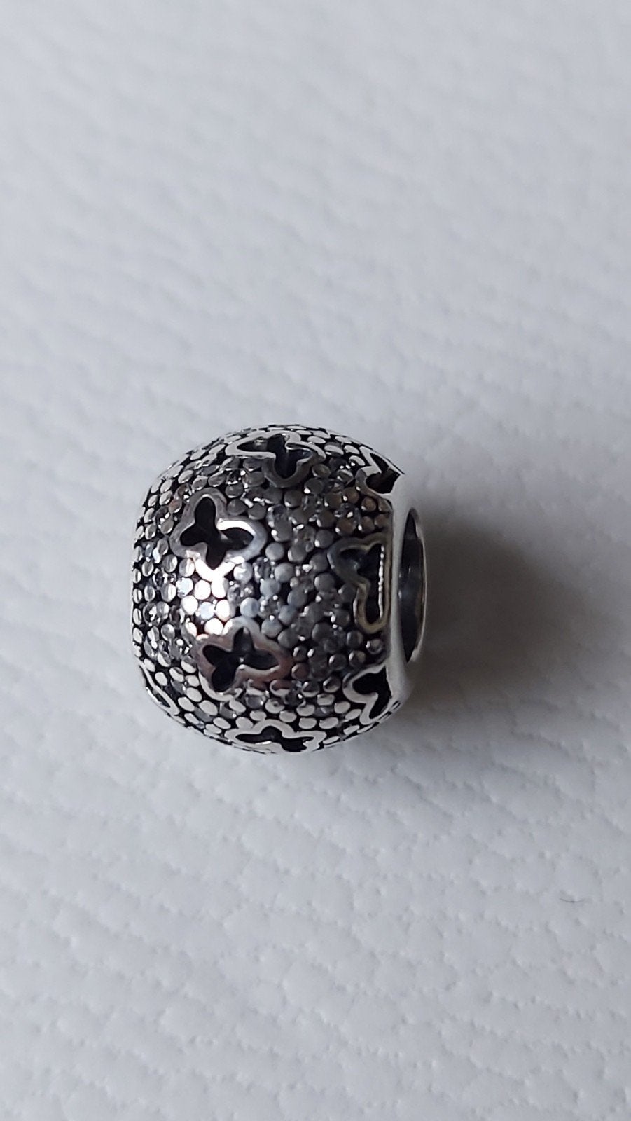 Originele Pandora zilveren bedel met vlinders en zirkonia's, Pandora, Ophalen of Verzenden, Zo goed als nieuw, Zilver