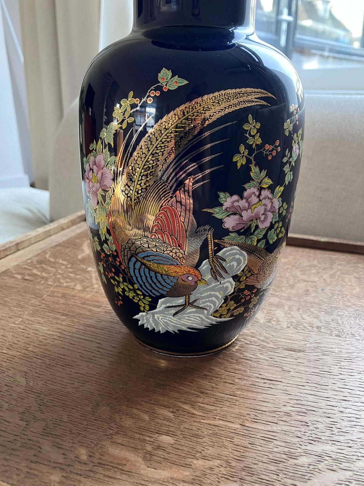 Vintage Japanse Kobaltblauwe Vaas / Goudfazanten. 25 cm, Ophalen of Verzenden