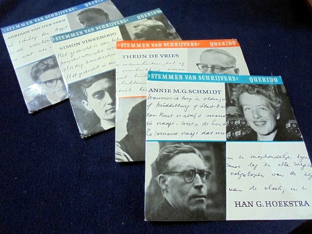 Stemmen van Schrijvers. 4x Vinyl EP's 45 rpm. 1960, Boeken, Verzenden, Diverse auteurs, Volwassene