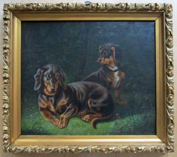 == c a 1900 == twee teckels == gesigneerd ==, Antiek en Kunst, Ophalen of Verzenden