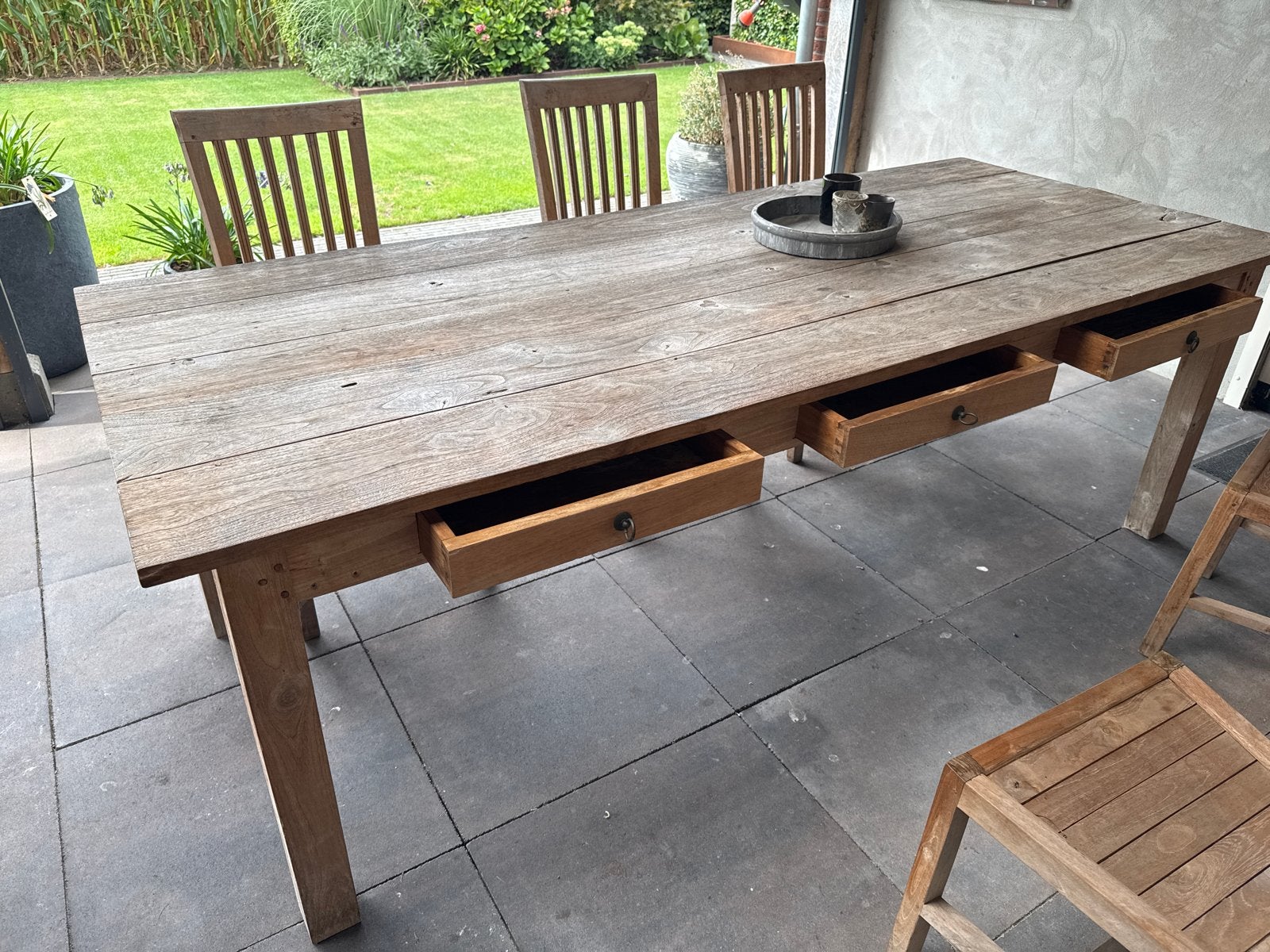 Robuuste Teakhouten Eettafel set met Lades incl stoelen., Ophalen, Gebruikt, Teakhout, 200 cm of meer