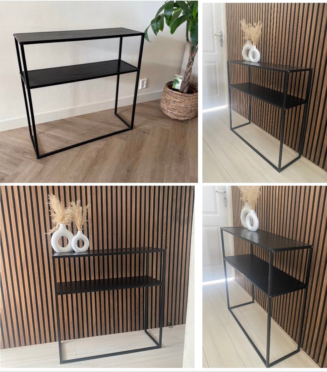 smal open kastje sidetable hout zwart metaal met planken, 50 tot 100 cm, Zo goed als nieuw, Metaal, Modern industrieel minimalistisch design
