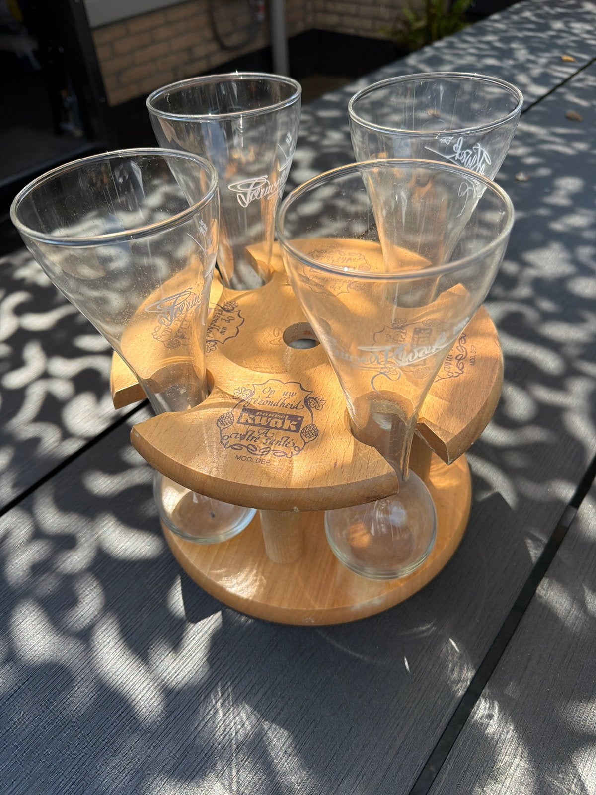 Kwak bierglazen met houten houder, Overige typen, Hout, Ophalen of Verzenden, Zo goed als nieuw