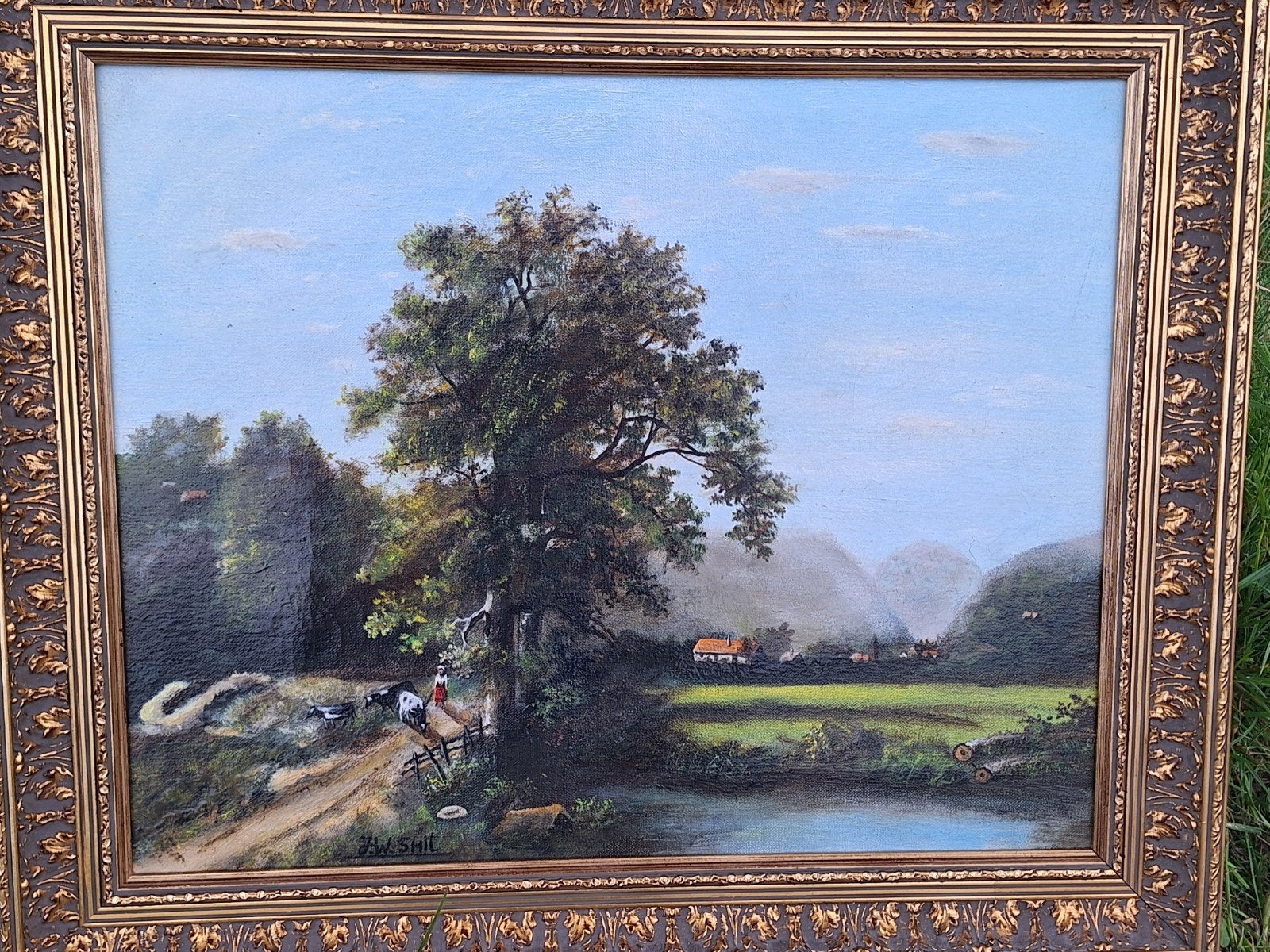 Olieverfschilderij Landschap met Koeien en Herder, Ophalen