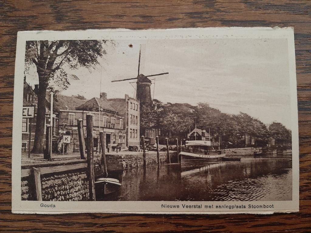 Gouda, Molen, Nieuwe Veerstal aanlegplaats stoomboot, 1930?, Ophalen of Verzenden, 1920 tot 1940, Ongelopen, Zuid-Holland