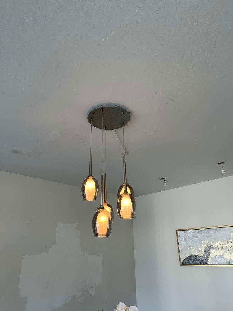 Moderne hanglamp / 5 gerookt/smoke glazen bollen, Ophalen of Verzenden, Zo goed als nieuw, Glas