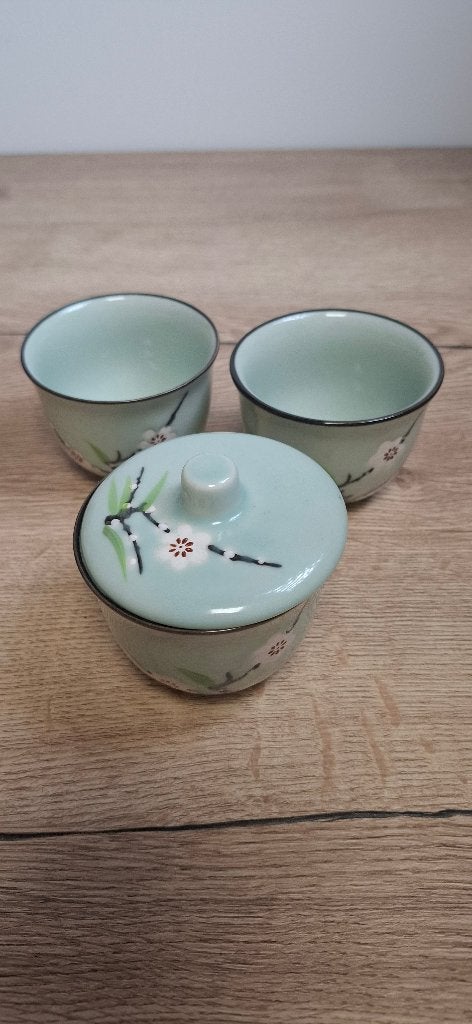 Aziatische Theekoppen Set met Deksel Celadon Kersenbloesem, Keramiek, Onbekend, Ophalen of Verzenden, Zo goed als nieuw