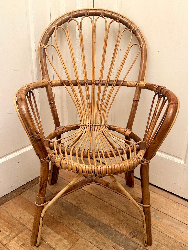 Vintage Rohé Noordwolde rotan fauteuil - Dirk van Sliedregt, Huis en Inrichting, Ophalen, Gebruikt, Bruin, Riet of Rotan