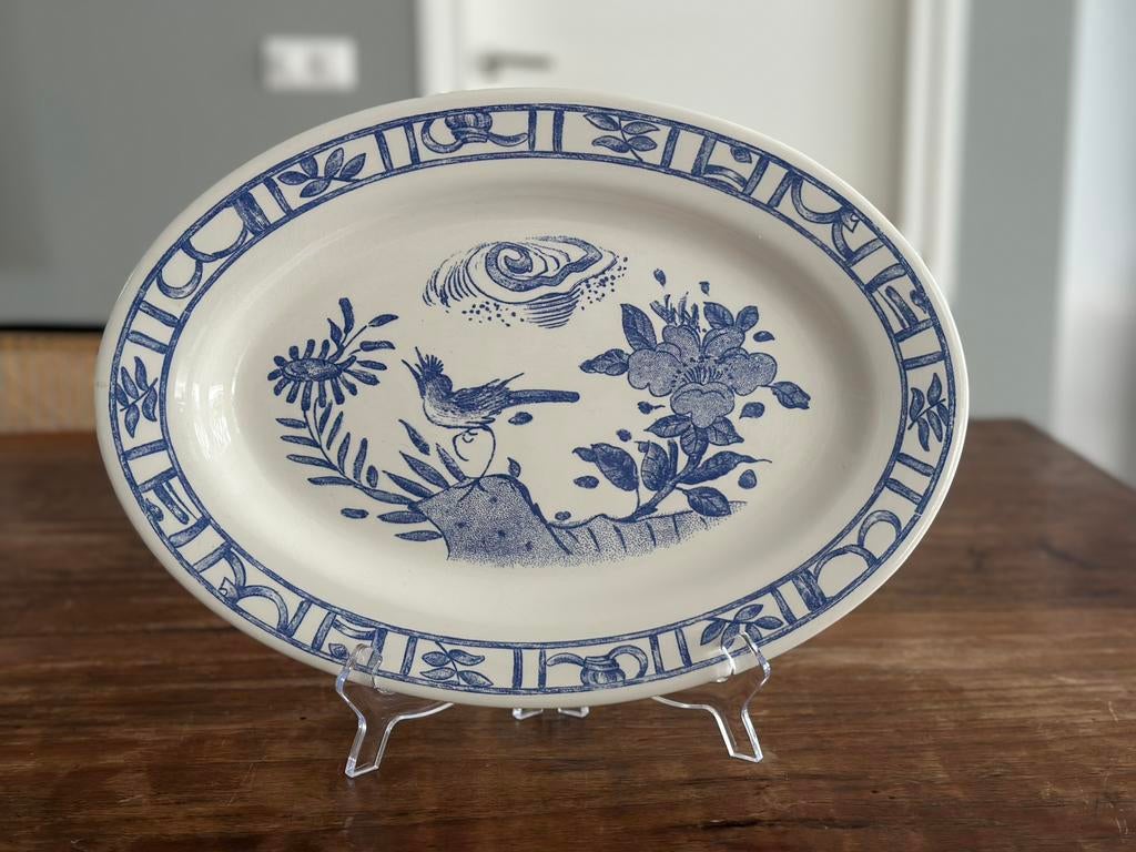 Gien, Oiseau blue ovale schaal 37x26 cm, Ophalen, Zo goed als nieuw, Porselein, Bord of Schaal