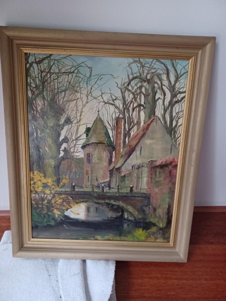 Schilderij van F. Arnold '98 - Brugge tafereel, Antiek en Kunst, Ophalen of Verzenden