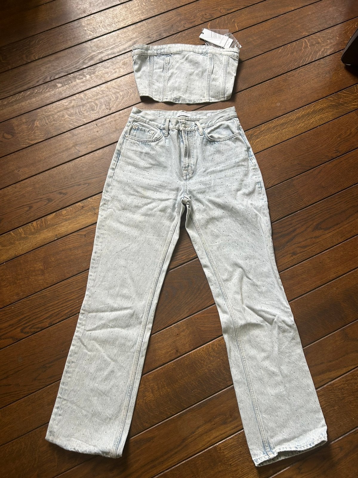 Costes set: Bustier & Amy high-waist jeans (maat S), Verzenden, Nieuw, Blauw, W28 - W29 (confectie 36)