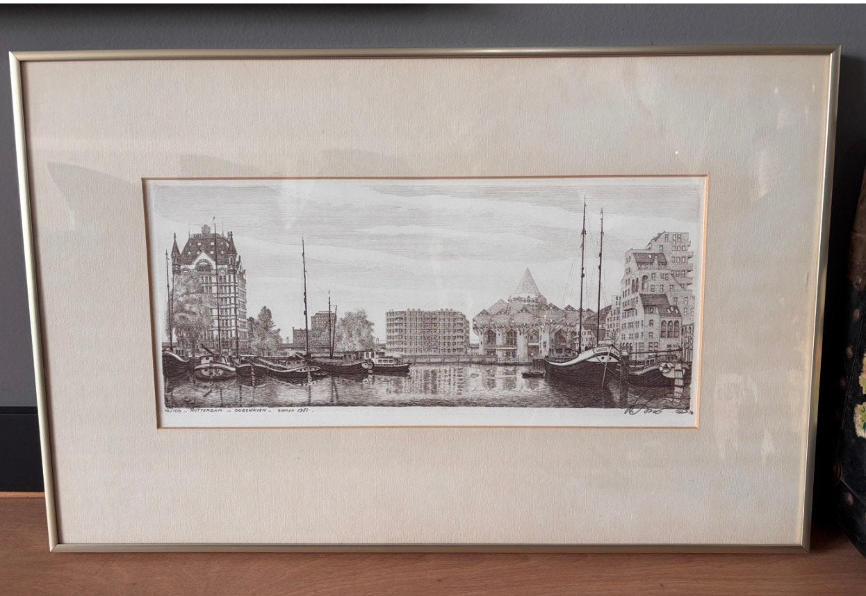 Originele pentekening in bruin / ecru in messing lijst, Ingelijst, 40 cm, 1950 - 1999, Stadsgezicht