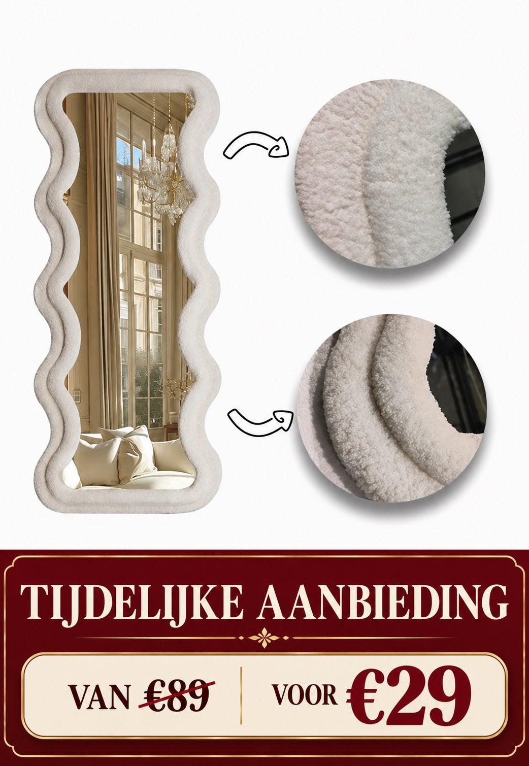 Decoratieve Wavy spiegel met zachte rand - Nieuw, 7021br, 100 tot 150 cm, Nieuw, Ophalen of Verzenden