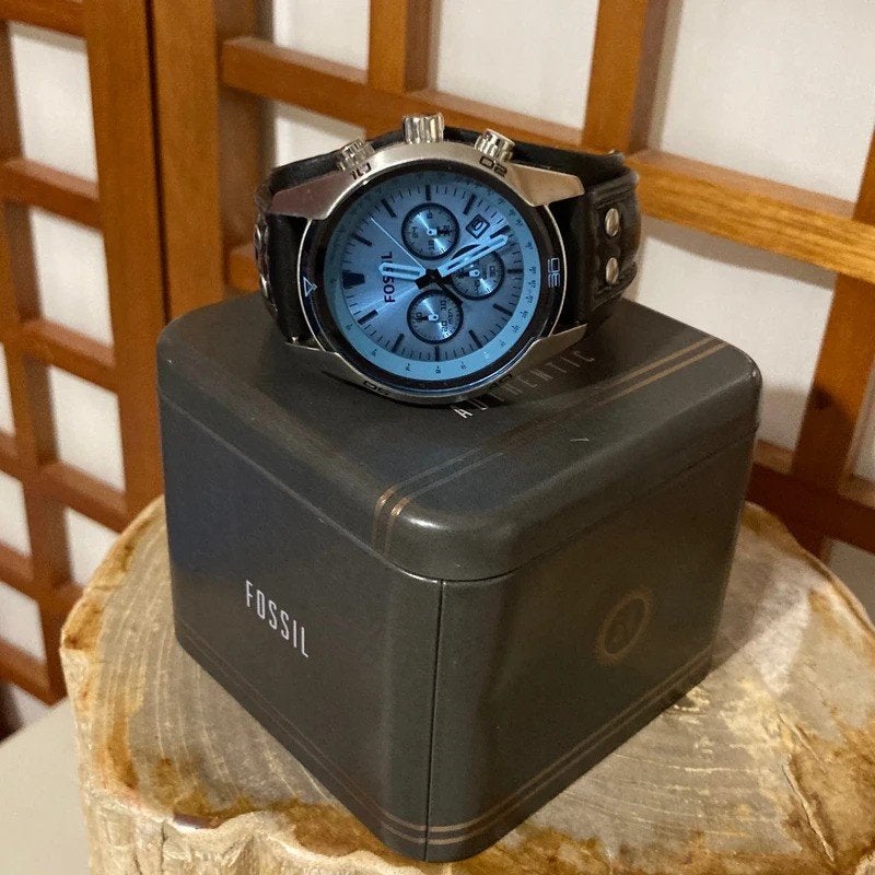 Fossil Coachman 45 mm Chronograph Black Leather Watch, Sieraden, Tassen en Uiterlijk, Horloges | Dames, Leer, Staal, Fossil, Polshorloge