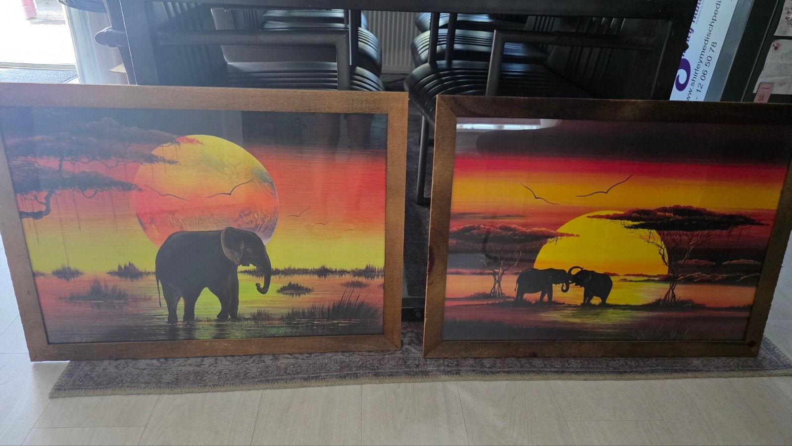Twee Afrikaanse olifant schilderijen - zonsondergang, Ophalen