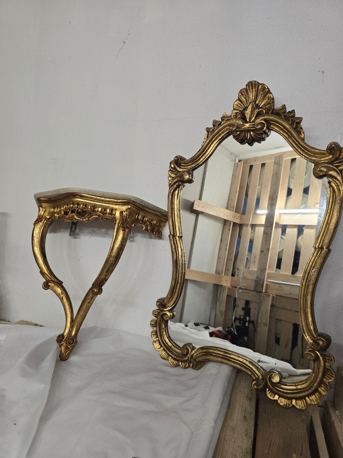 Antieke vergulde spiegel en console set, Ophalen of Verzenden