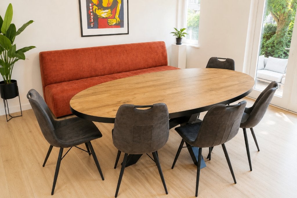 Complete eethoek: ovale tafel, 5 stoelen & bank, Ophalen, Gebruikt, Modern, Industrieel, 4 tot 6 stoelen
