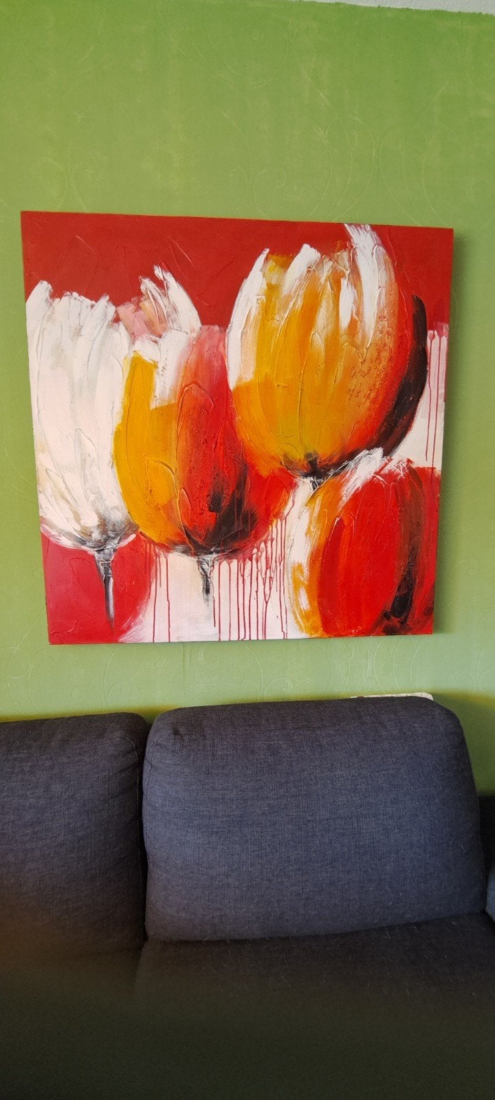 Olieverf Schilderij 75 x 75 cm Bloemen met Certificaat, Ophalen, Handgeschilderd, Olieverf, Bloemen