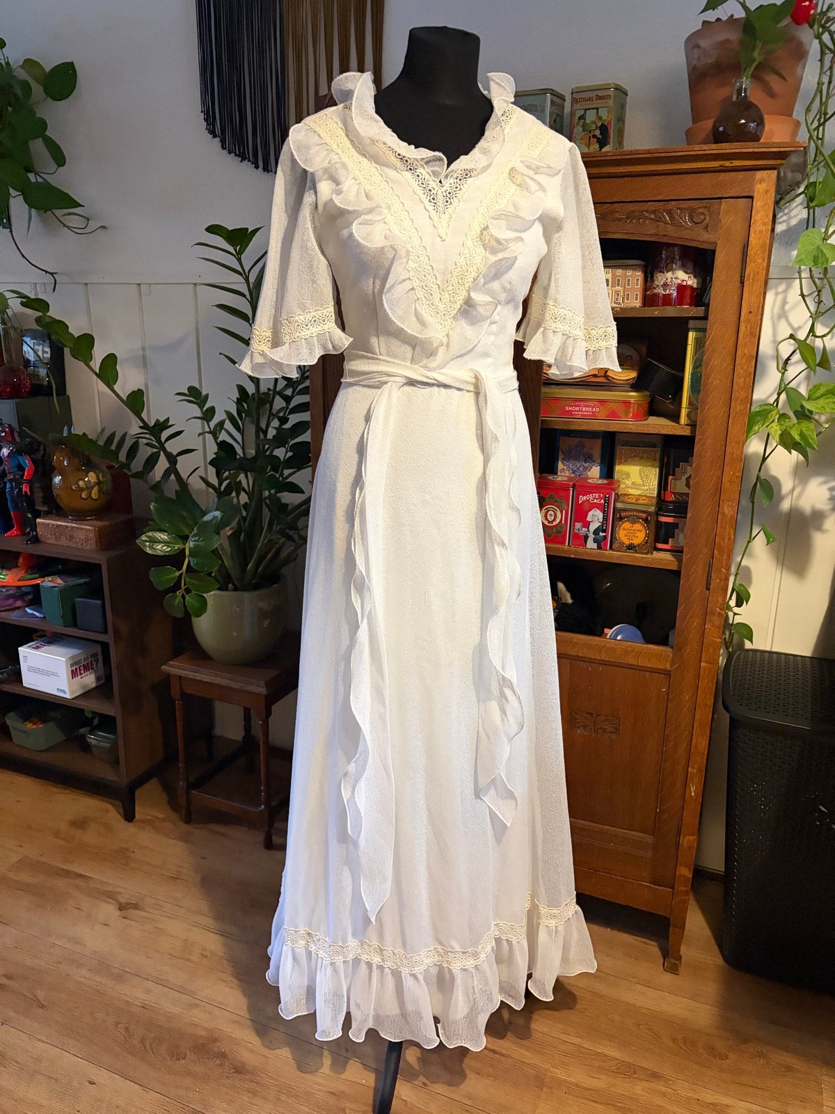 Vintage trouwjurk jaren 70 – Bohemian  XS/S, Ophalen of Verzenden, Gedragen, Wit, Trouwjurk