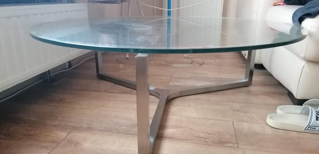 Glazen tafel met metalen poten, Ophalen of Verzenden, Gebruikt, Rond, Glas