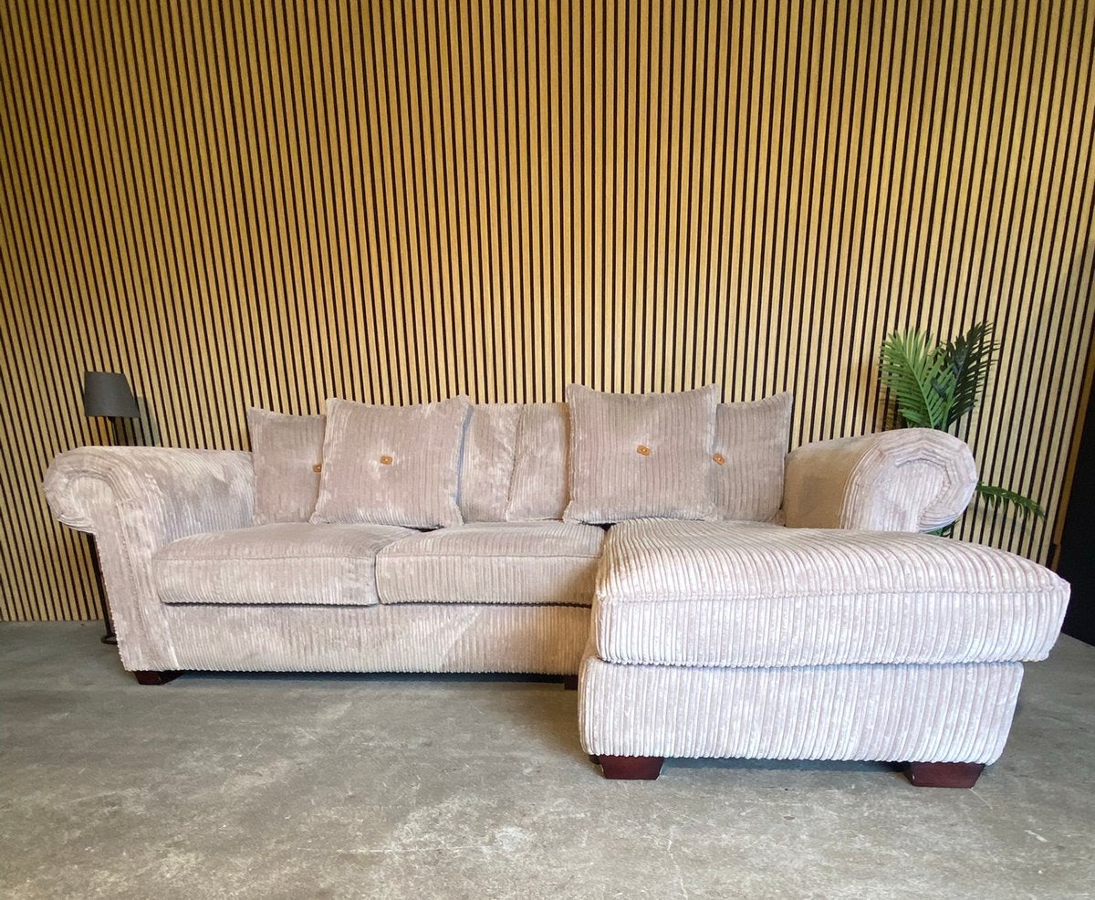 !!ACTIE!! BEIGE RIBSTOF HOEKBANK, DIRECT LEVERBAAR, Huis en Inrichting, 250 tot 300 cm, Hoekbank, Driepersoons, Ophalen of Verzenden