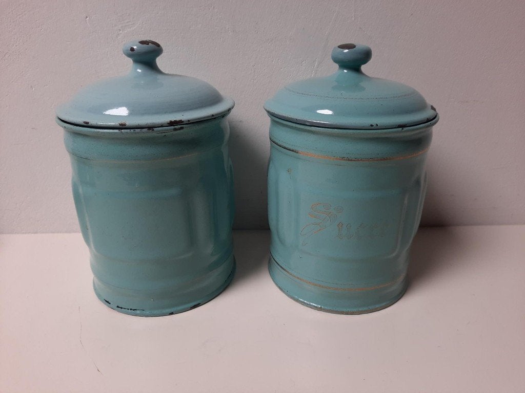 Franse emaille antieke voorraadbussen duck egg blue, Ophalen of Verzenden